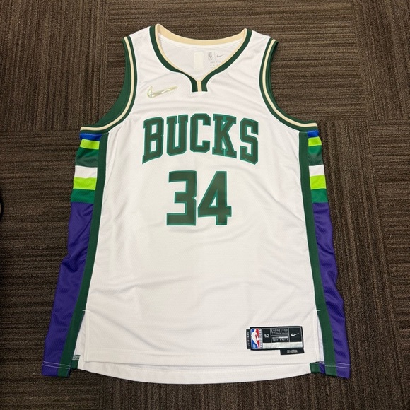 Nike Other - Nike White Basketball Jersey with Green and Purple Bucks Dri Fit